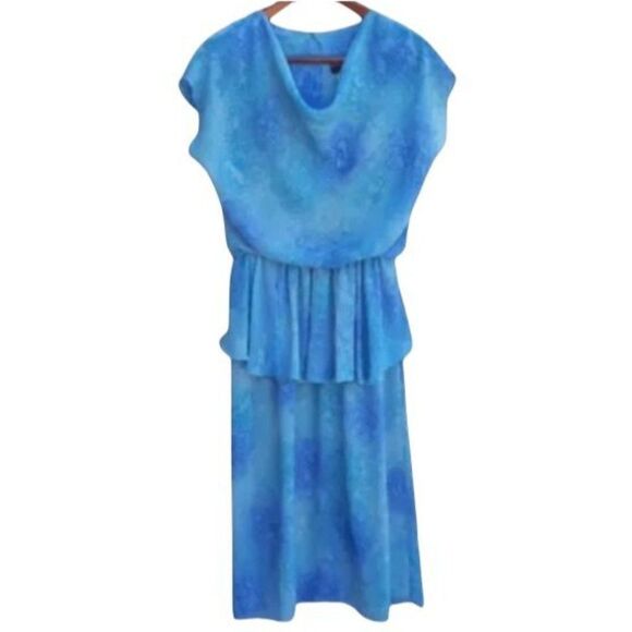 Vtg 80's Modest Watercolor Draped Scoop Neck Batwing Peplum Midi Dress Sz L - Picture 2 of 10